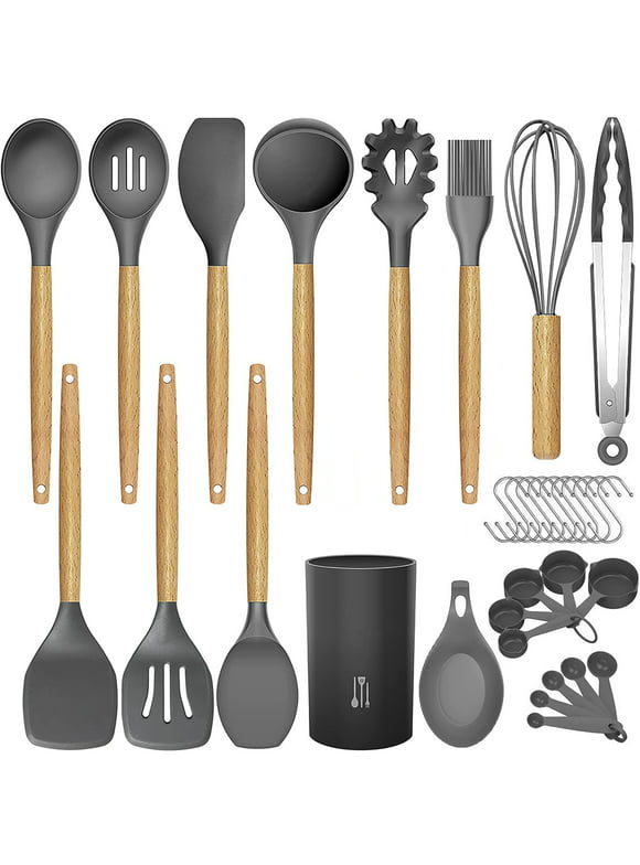 33 Pcs Silicone Kitchen Utensil Set, Cooking Utensils Set, Food Grade Silicone Spatula Set, BPA-Free, 446°F Heat Resistant Kitchen Gadgets Tools Set with Wooden Handle for Non-stick Cookware, Gray