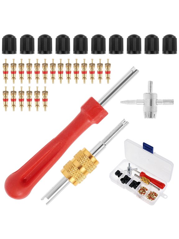 33 Pcs Tire Valve Stem Puller Tool Set 20 Brass Valve Cores 10 Caps 4 Way Tool Single and Dual Head Removers for Car Motorcycle