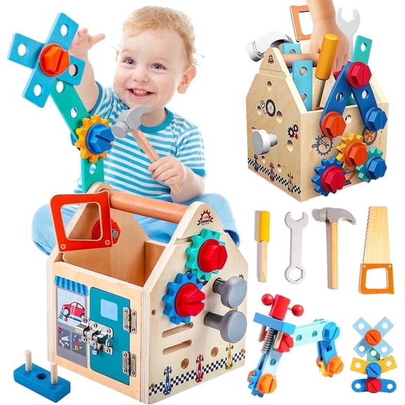 33 Pcs Wooden Kids Tool Set with Tool Box & Workbench, Montessori Educational Toys for Toddlers Boys Girls Age 2 3 4 5 6, STEM Construction Pretend Play Gift