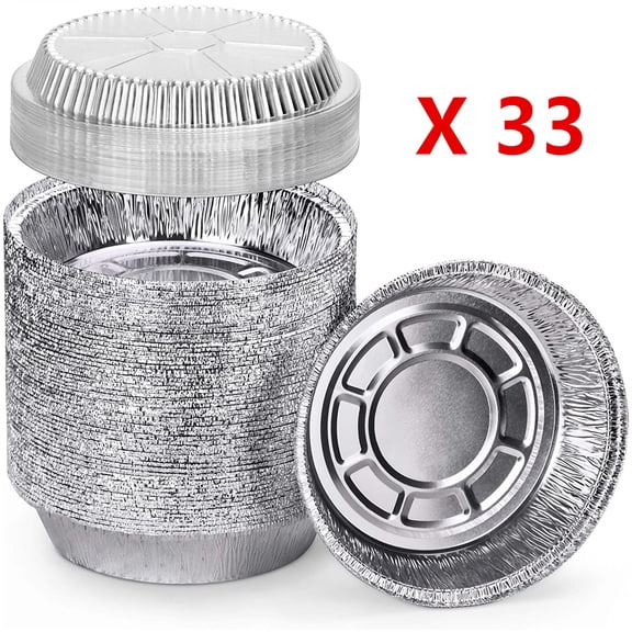 33 Pcs of Round 7" Disposable Aluminum Foil Pan for Baking, Oven-Safe, Food Container with Dome Clear Lids