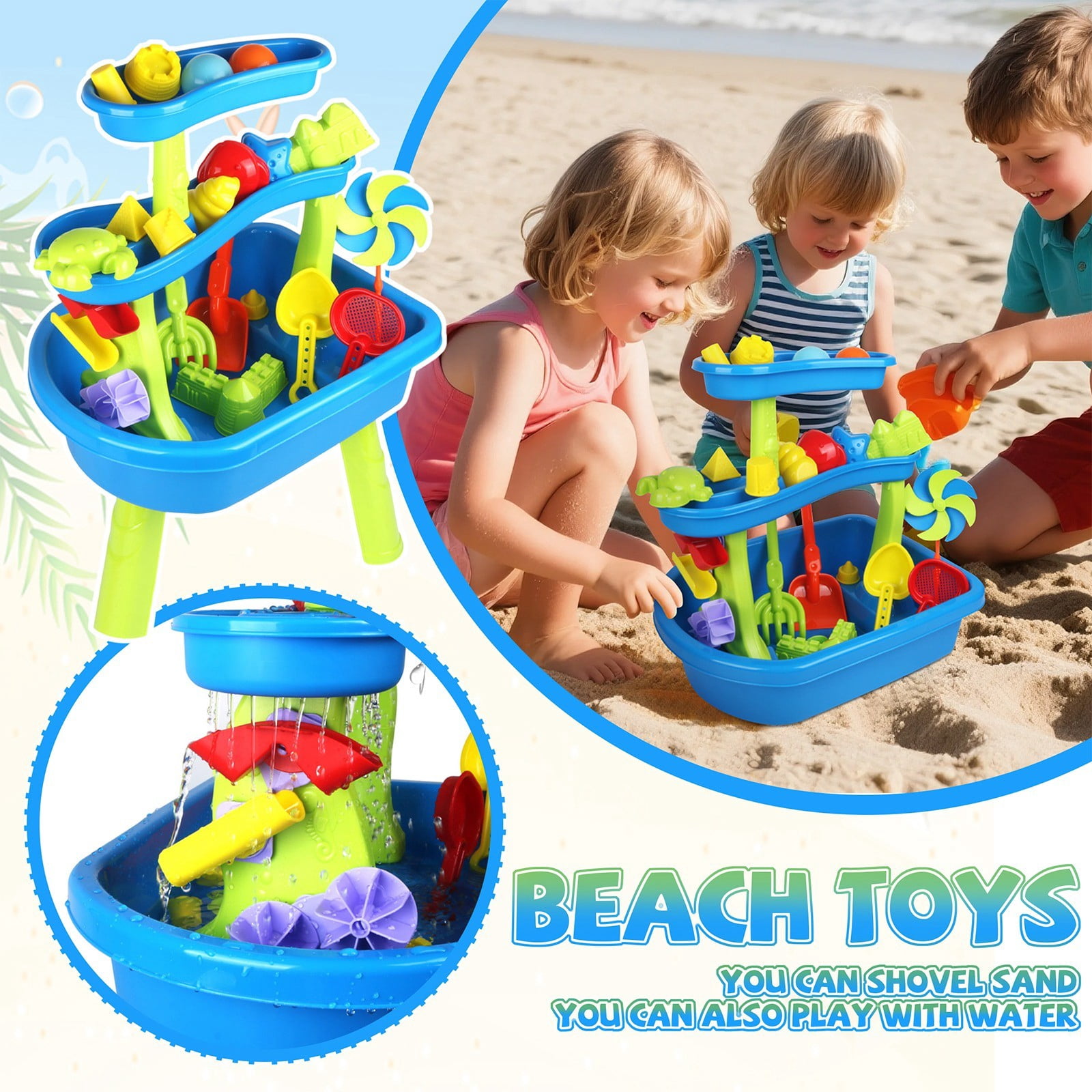 33-Piece Large Kids Sand and Water Table Toy, 3-Tier Outdoor Sand Shovel Water Play Combination Set for Toddlers Beach Backyard(Colored)