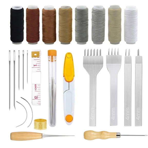33-Piece Leathercraft Sewing Kit, 4mm Punch Tools, 8 Waxed Threads, 9 Blunt Needles & Thimble for Beginner DIY Projects & Leather Repair