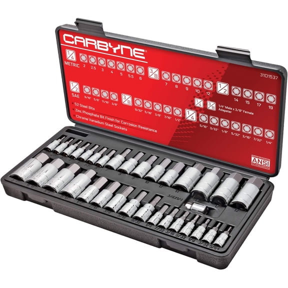 33-Piece Master Bit Socket Set, SAE & Metric Hex (Allen) Bit , S2 Steel, 1/4", 3/8" & 1/2" Drive for Automotive, Motorcycle & Furniture Repair