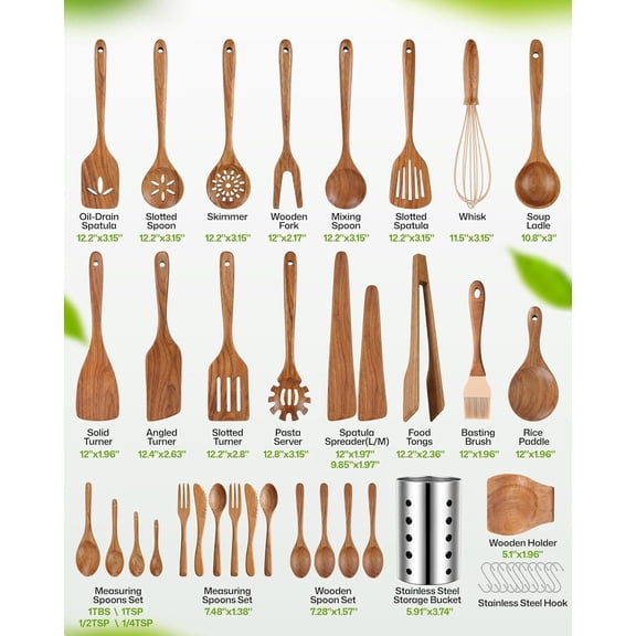 33-Piece Wooden Kitchen Utensil Set with Holder, Non-Stick Safe Teak Wood Cooking Tools for Home and Professional Chefs