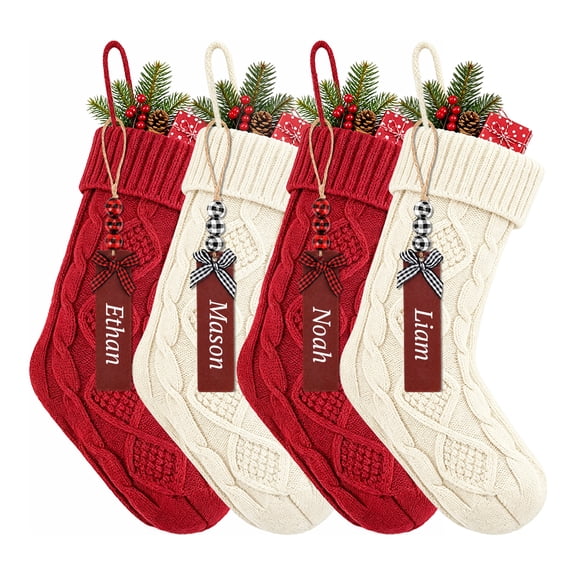Swfoer 18 Inches Personalized Christmas Stockings,4 Pack Knit Christmas Stockings Set with Name Tags Christmas Decoration, Red Ivory