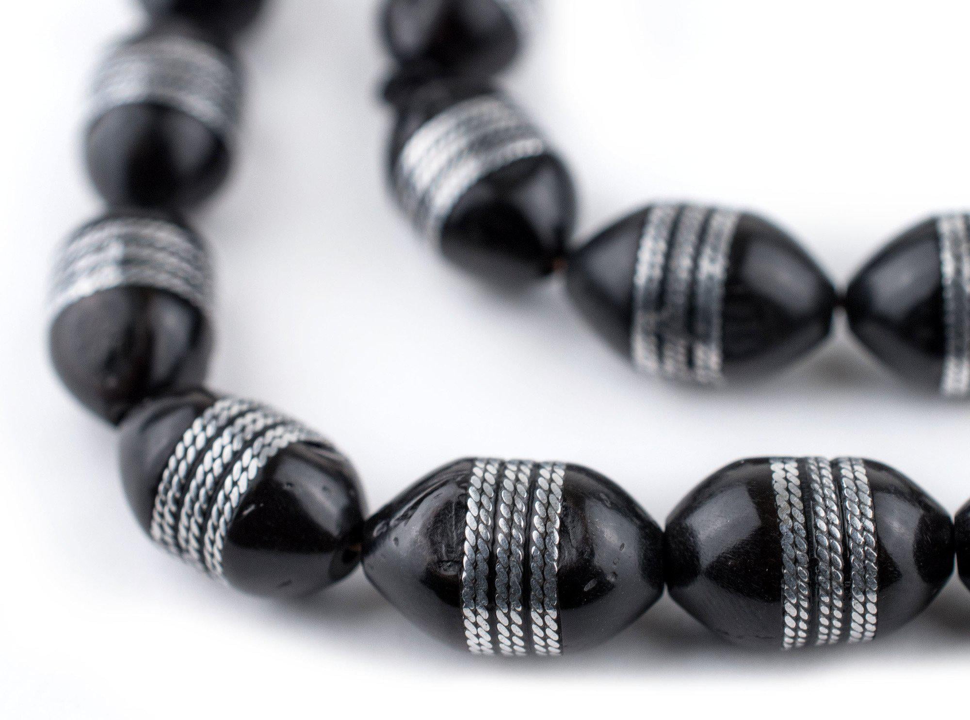 33 Premium Silver Inlaid Striped Oval Arabian Prayer Beads (14x9mm