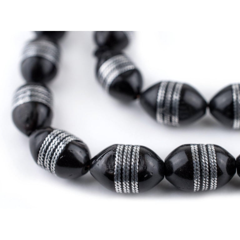 33 Premium Silver Inlaid Striped Oval Arabian Prayer Beads (14x9mm