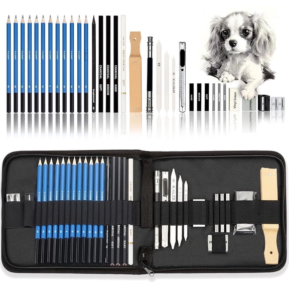 33 Pro Drawing Kit Sketching Pencils Set,Portable Zippered Travel Case-Charcoal Pencils, Sketch Pencils, Charcoal Stick,Sharpener,Eraser.Art Supplies for Artists Beginner Adults Teens