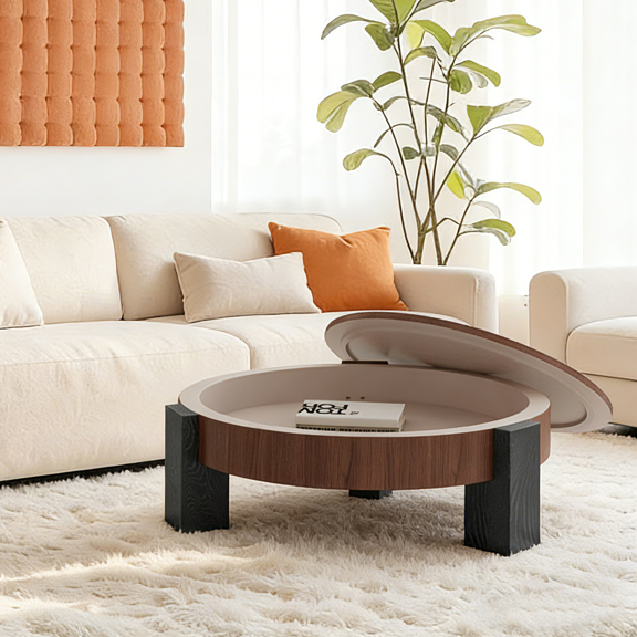 33" Round Coffee Table with Hidden Storage - Modern Wabi-Sabi Wood Parquet Veneer Top, Sturdy 3 Block Legs Center Accent Table for Living Room, Small Spaces, Walnut & Black