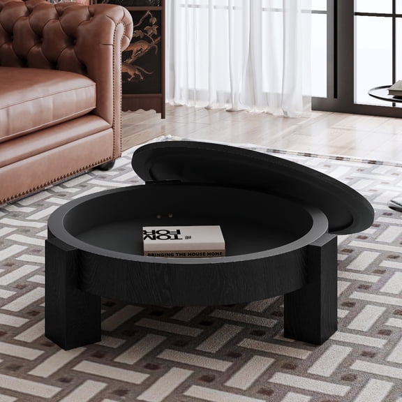 33'' Round Coffee Table with Hidden Storage, Modern Wabi-Sabi Wood Parquet Veneer Top Table, 3 Block Legs Sturdy Center Accent Table for Living Room, Small Space, Matte Black