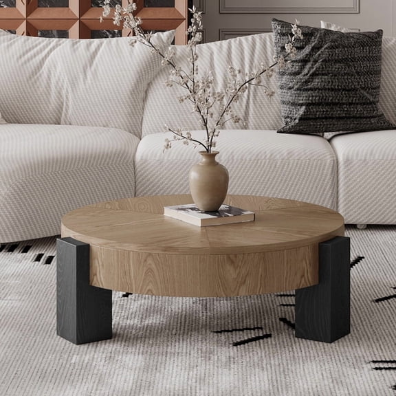 33'' Round Coffee Table with Hidden Storage, Modern Wabi-Sabi Wood Parquet Veneer Top Table, 3 Block Legs Sturdy Center Accent Table for Living Room, Small Space, Natural Wood & Black