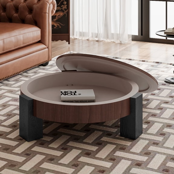 33'' Round Coffee Table with Hidden Storage, Modern Wabi-Sabi Wood Parquet Veneer Top Table, 3 Block Legs Sturdy Center Accent Table for Living Room, Small Space, Walnut & Black