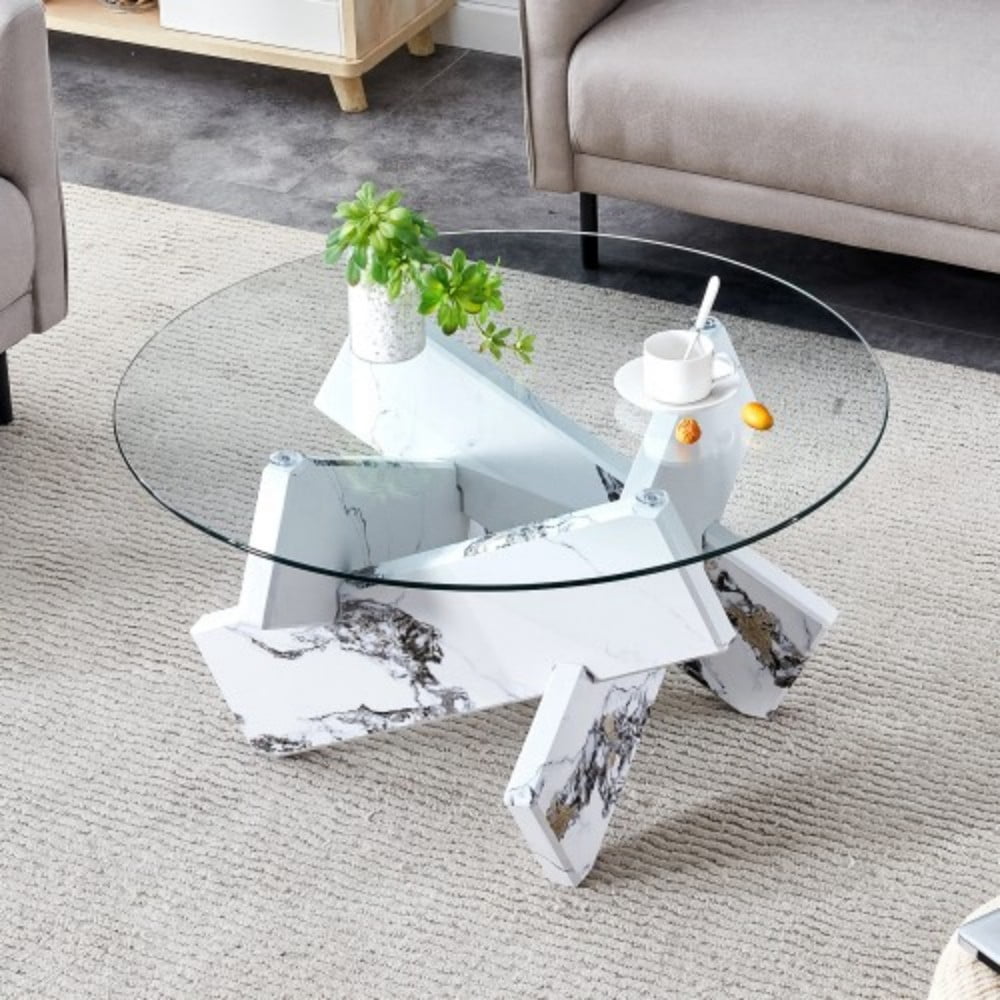 33" Round Glass Coffee Table, Modern Circular Tea Table with Tempered Glass Top and Wood-Look MDF Legs for Living Room, White