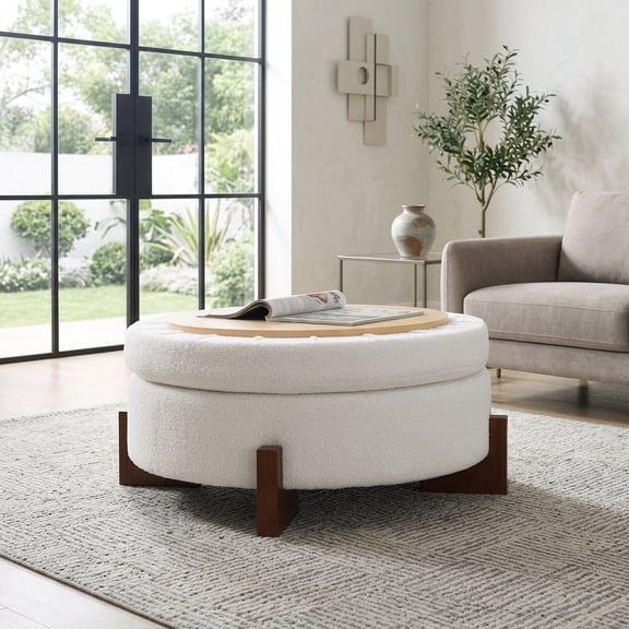 33" Round Storage Ottoman with Teddy Fabric and Walnut Legs - Cream