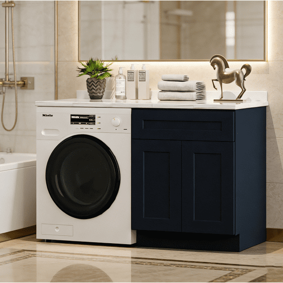 33" Shaker RTA Sink Base Cabinet in Navy Blue | Solid Wood Kitchen Cabinet, 24"D x 34.5"H Double Door Ready-to-Assemble for Kitchen, Bathroom, Laundry