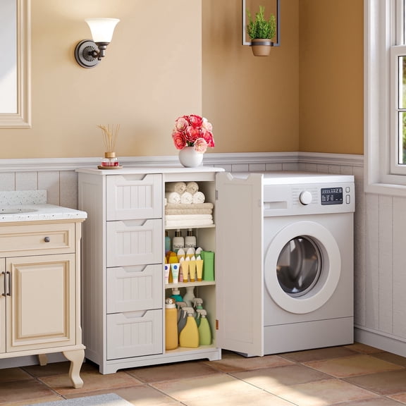 33'' Small Bathroom Storage Cabinet with Drawers and Door, Freestanding Wooden Bathroom Cabinet Storage Organizer, White