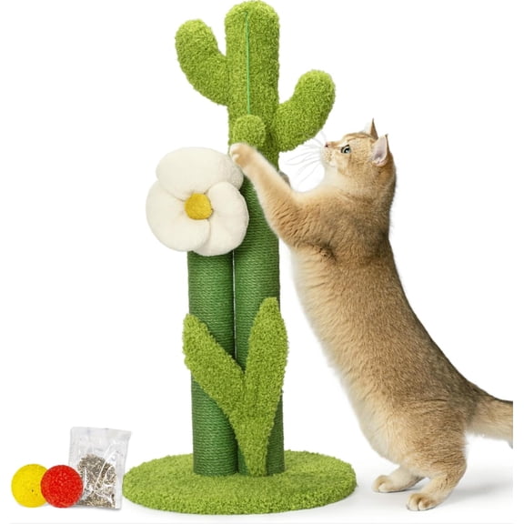 33" Tall Cactus Cat Scratching Post for Large Cats, Heavy Duty Double Scratch Posts with Flower & Crinkle Leaves, Cactus Cat Tree with 2 Bonus Toy & Catnip, Green Stable Scratching Post