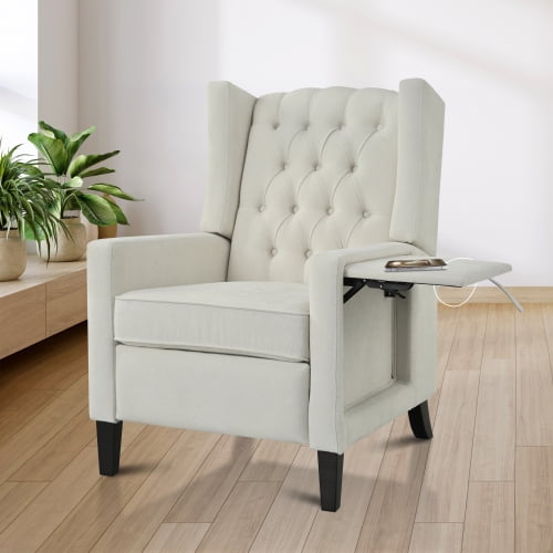 33" Tufted Reclining Modern Mid-Century Accent Armchair, Oversized Accent Chair with Foldable Side Table, Mid-Century Modern Chair with USB Port for office and living room spaces, Beige