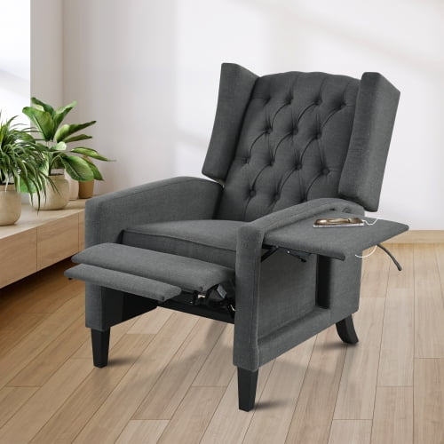 33" Tufted Reclining Modern Mid-Century Accent Armchair, Oversized Accent Chair with Foldable Side Table, Mid-Century Modern Chair with USB Port for office and living room spaces, Dark Gray