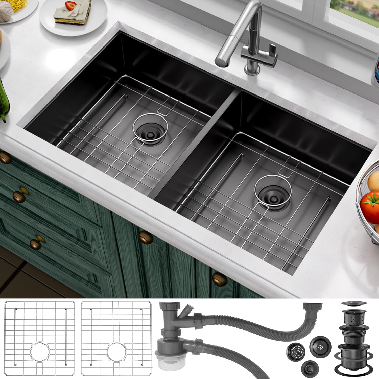 33" Undermount Kitchen Sink Double Bowl Stainless Steel Sink Black Workstation