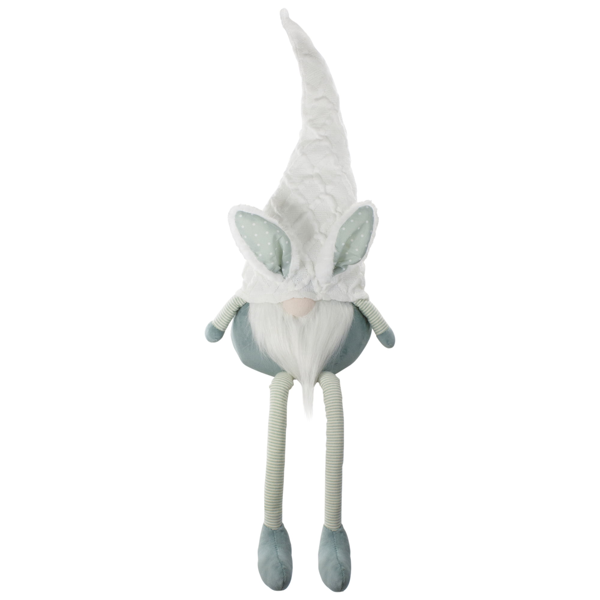 33" White and Green Sitting Easter Gnome with Bunny Ears and Dangling Legs