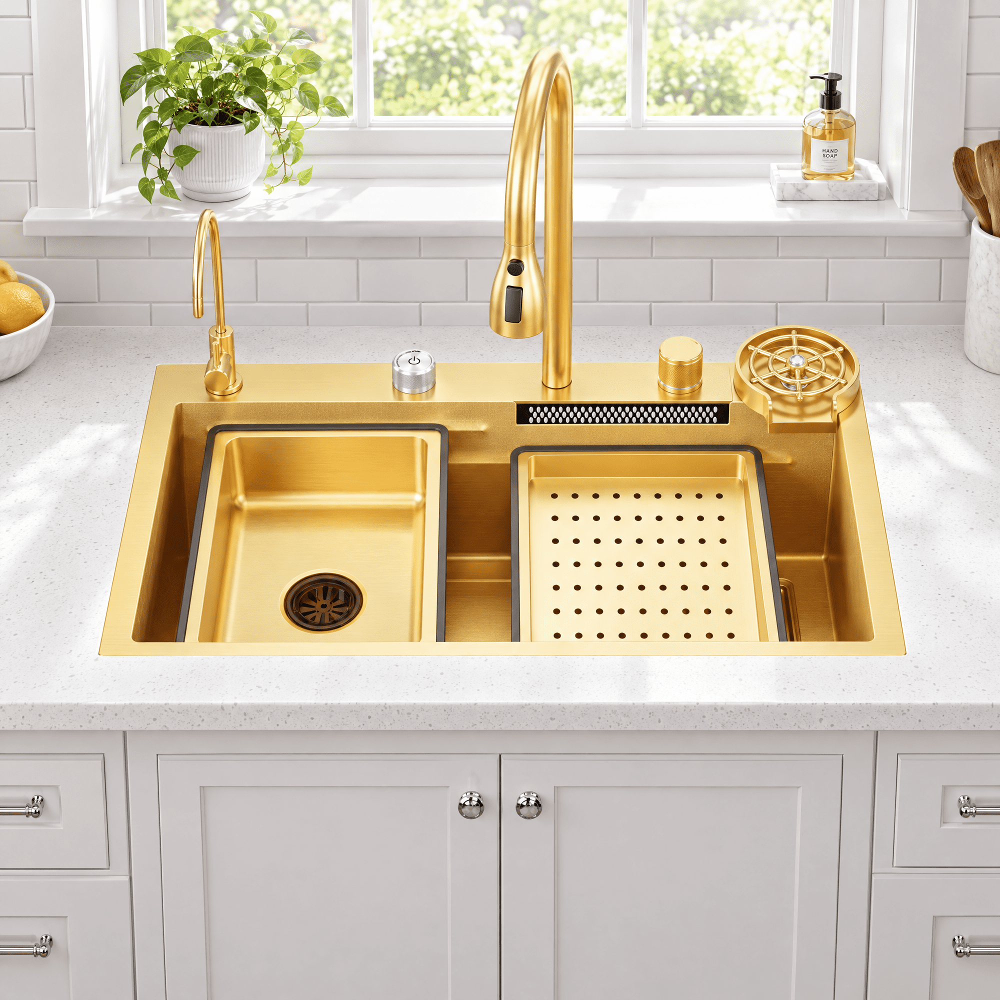 33 X 22 Inch Gold Drop-In Kitchen Sink Kit: Single Bowl Top-Mount with Multifunctional Flying Rain Pull-Down Sprayer Faucet
