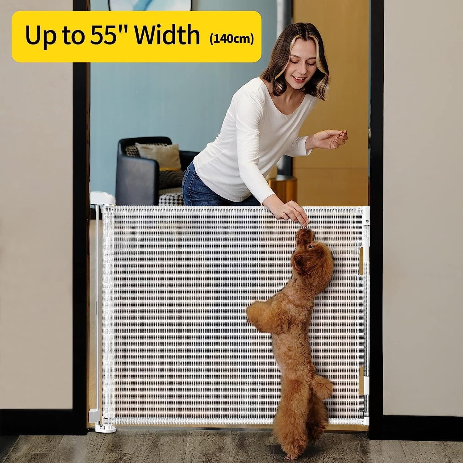 33"X55" Retractable Mesh Barrier for Babies & Pets Easy to Use, Versatile for Doorways, Stairs
