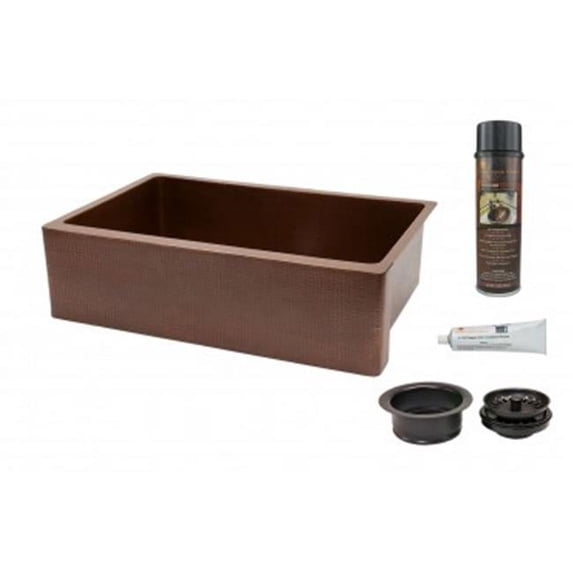 33'' Hammered Copper Kitchen Apron Single Basin Sink with Matching Drain, and Accessories.