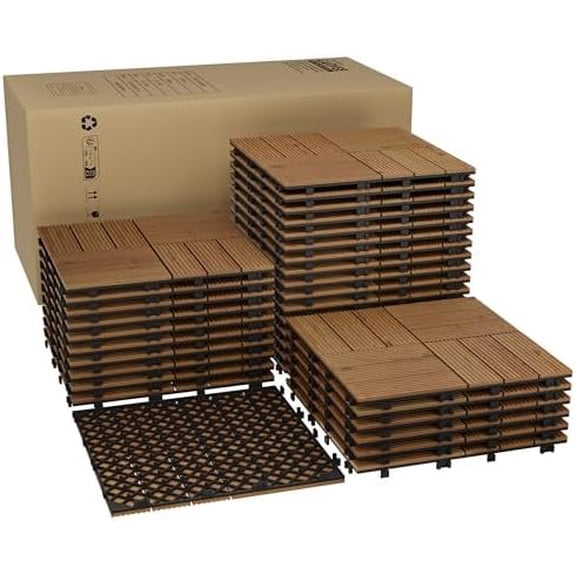 33 count Acacia  Composite Deck Tiles, 12"X12" Solid  Interlocking Flooring for Patio & Balcony,  Weather  Outdoor Indoor Tile for Poolside, Garden, Backyard, Brown