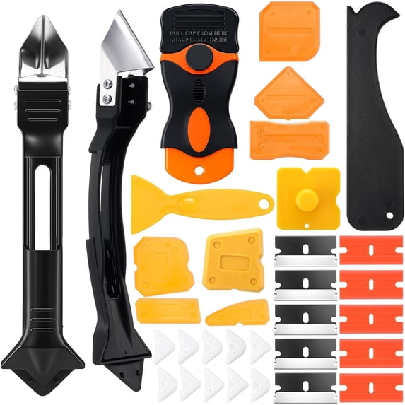 33 count Caulking Tool Kit Set 3 in 1 Caulk Remover & Grout with Pads 2 in 1 Razor Scraper with Sealant Finishing Tools for Kitchen Bathroom Sink Window Floor
