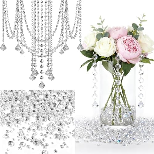 33 ft Acrylic Crystal Garland Strands, 5000 Clear Fake Diamonds Decorations, 36 Hanging Diamond Pendants for Christmas Tree Vase Fillers Manzanita Centerpiece Wedding Party Decor