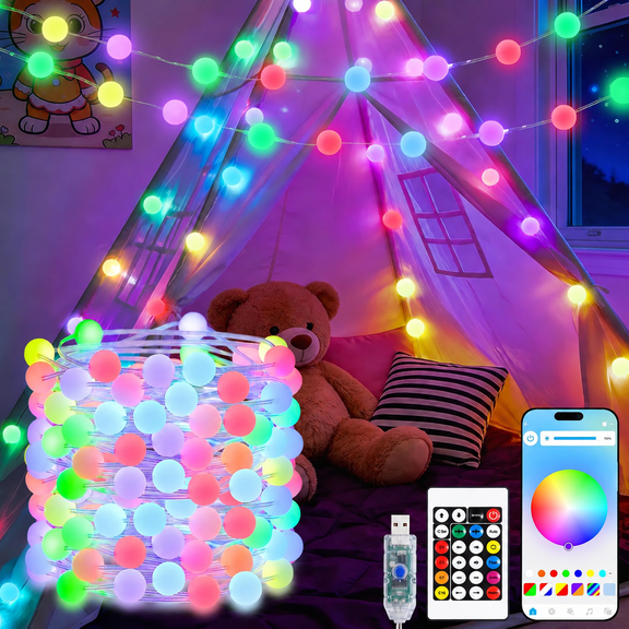 33 ft Smart Globe String Lights, 66 LED Color-Changing Twinkle Lights with App Control, Remote, Music Sync and Timer, USB Powered