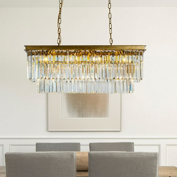33 in. 11-Light Modern Luxury Rectangle Fringe Crystal Chandelier in Antique Gold Adjustable Height