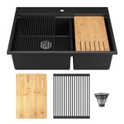 33 in. 60/40 Double Bowl Granite Composite Drop-in Kitchen Sink in Black with Grid and Strainer