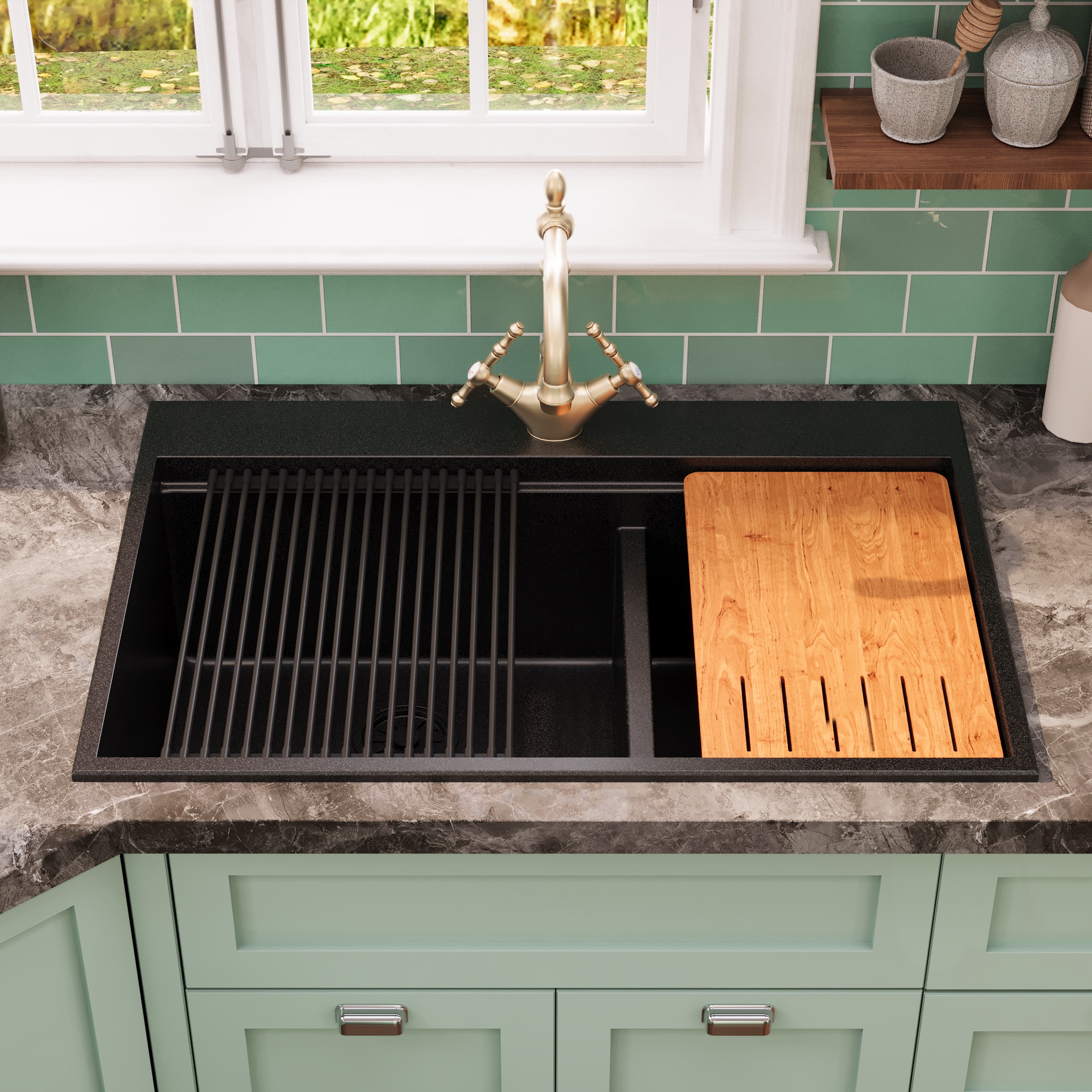 33 in. 60/40 Double Bowl Granite Composite Drop-in Kitchen Sink in Black with Grid and Strainer
