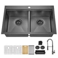 thumbnail image 1 of 33 in Drop-In Double Bowl Gunmetal Black Stainless Steel Workstation Kitchen Sink with Black Spring Neck Faucet, 1 of 6