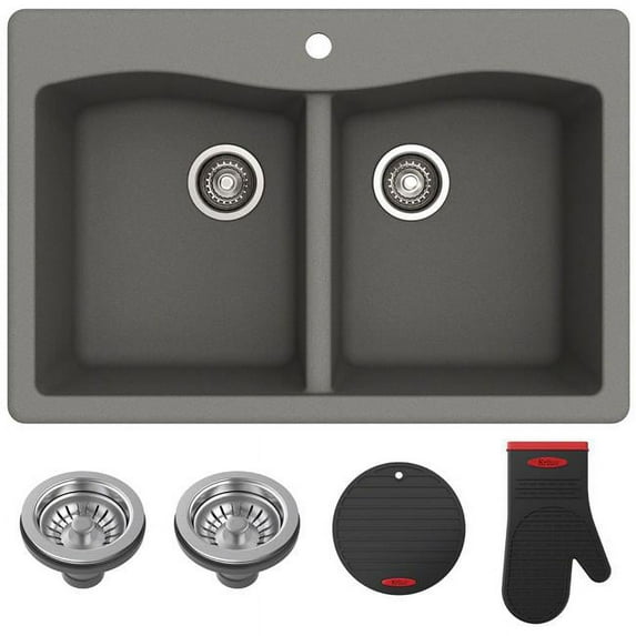 33 in. Dual Mount 50 to 50 Double Bowl Granite Kitchen Sink, Grey