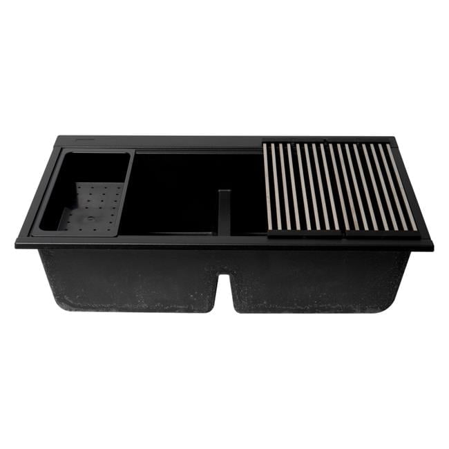 33 in. Granite Composite Workstation Step Rim Double Bowl Undermount Sink with Accessories - Black