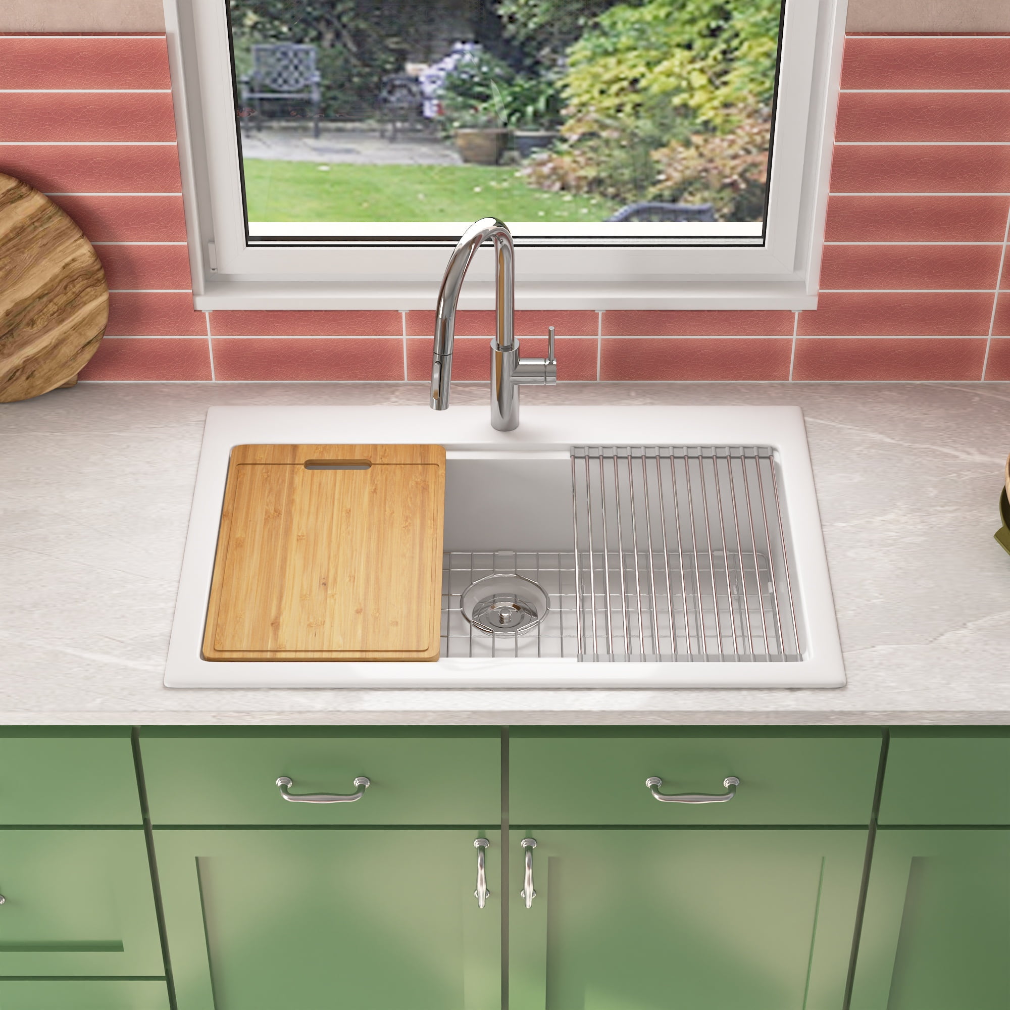 White Fireclay Single Bowl Drop-In Workstation Sink