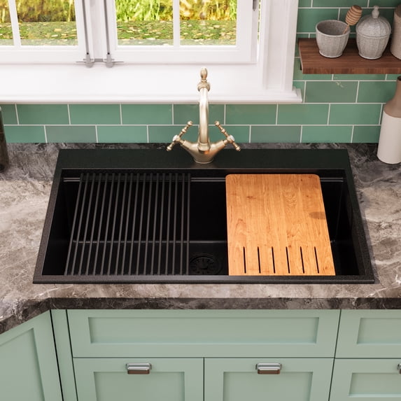 33 in. Single Bowl Granite Composite Drop-in Kitchen Sink in Black with Grid and Strainer