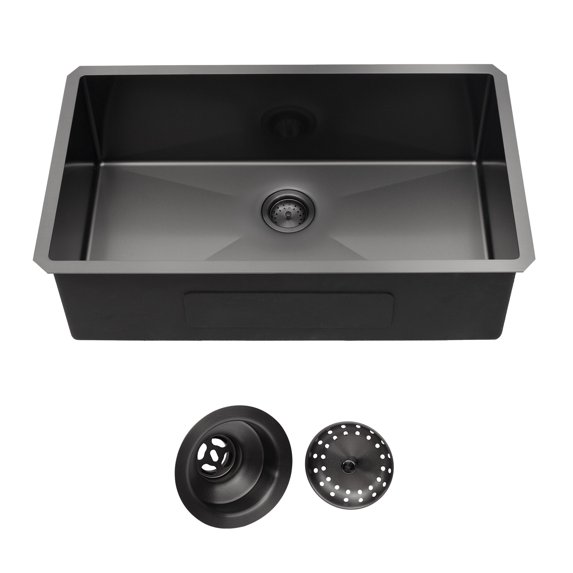 33 in. Undermount Single Bowl 18 Gauge Gunmetal Black Stainless Steel Kitchen Sink with Black Drain