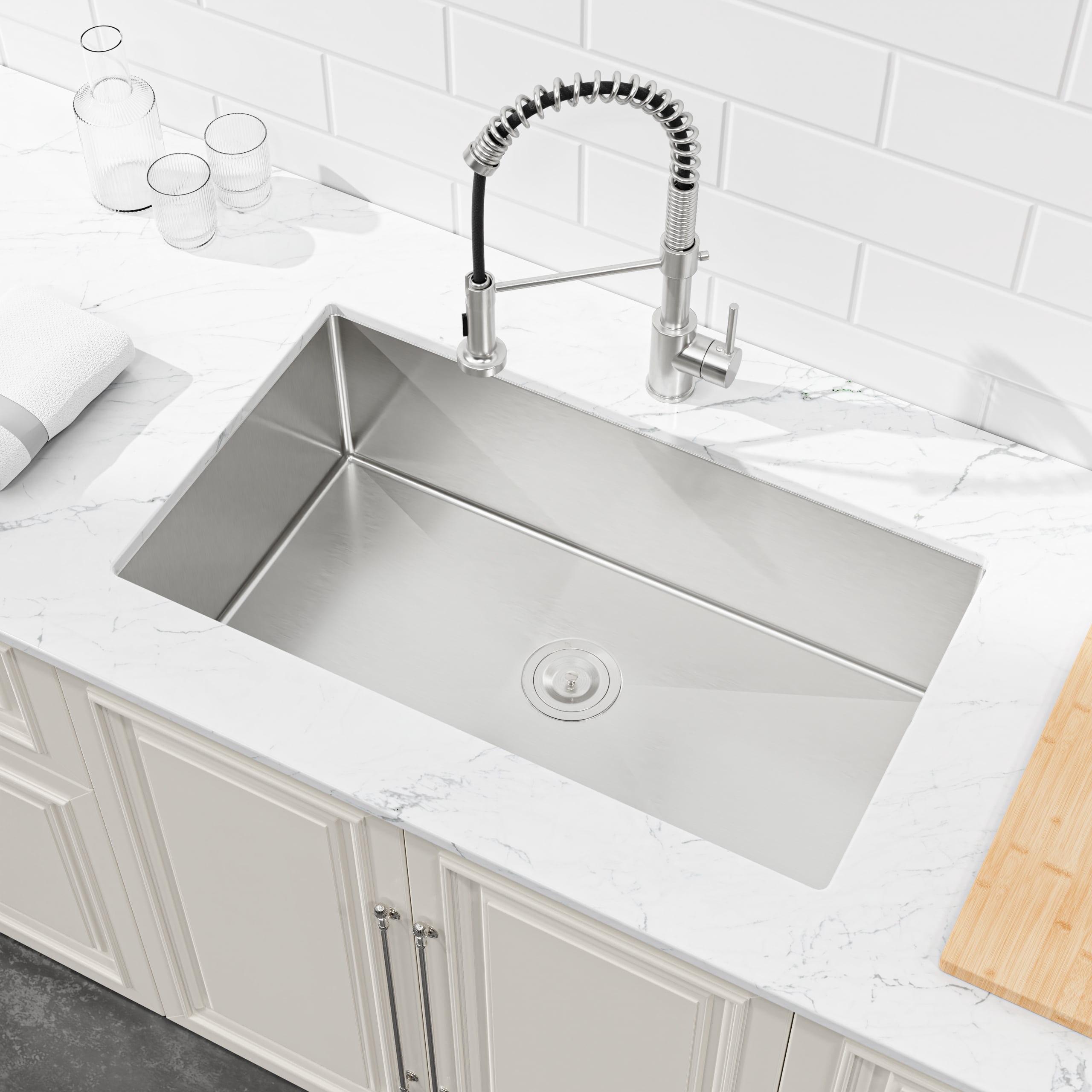 33-in Undermount Stainless Steel Kitchen Sink Single Bowl 16 Gauge Brushed Nickel Handmade Sink with Drain And Hooks