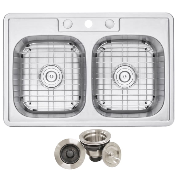 33 in. x 22 in. Topmount / Drop-in 18 Gauge Stainless Steel Double Bowl (50/50) Kitchen Sink with 9 in. Deep Includes One Pop-Strainer/Drain and Matching Bottom Protective Grid Set