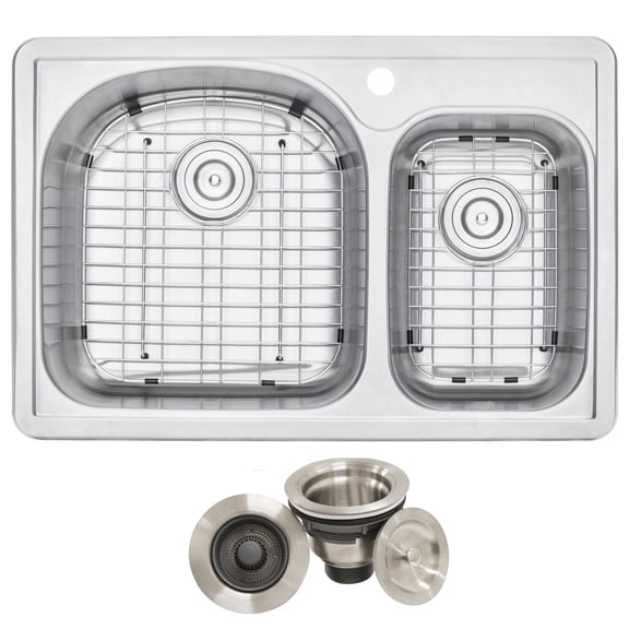 33 in. x 22 in. Topmount / Drop-in 18 Gauge Stainless Steel Double Bowl (70/30) Kitchen Sink with 8 in. Deep With 3 Faucet Hole Includes One Pop-Up Strainer/Drain and Matching Bottom Grid Set