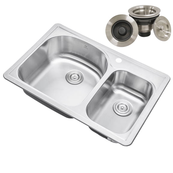33 in. x 22 in. Topmount / Drop-in 18 Gauge Stainless Steel Double Bowl (70/30) Kitchen Sink with 8 in. Deep With One Faucet Hole Includes One Pop-Up StraIner/Drain