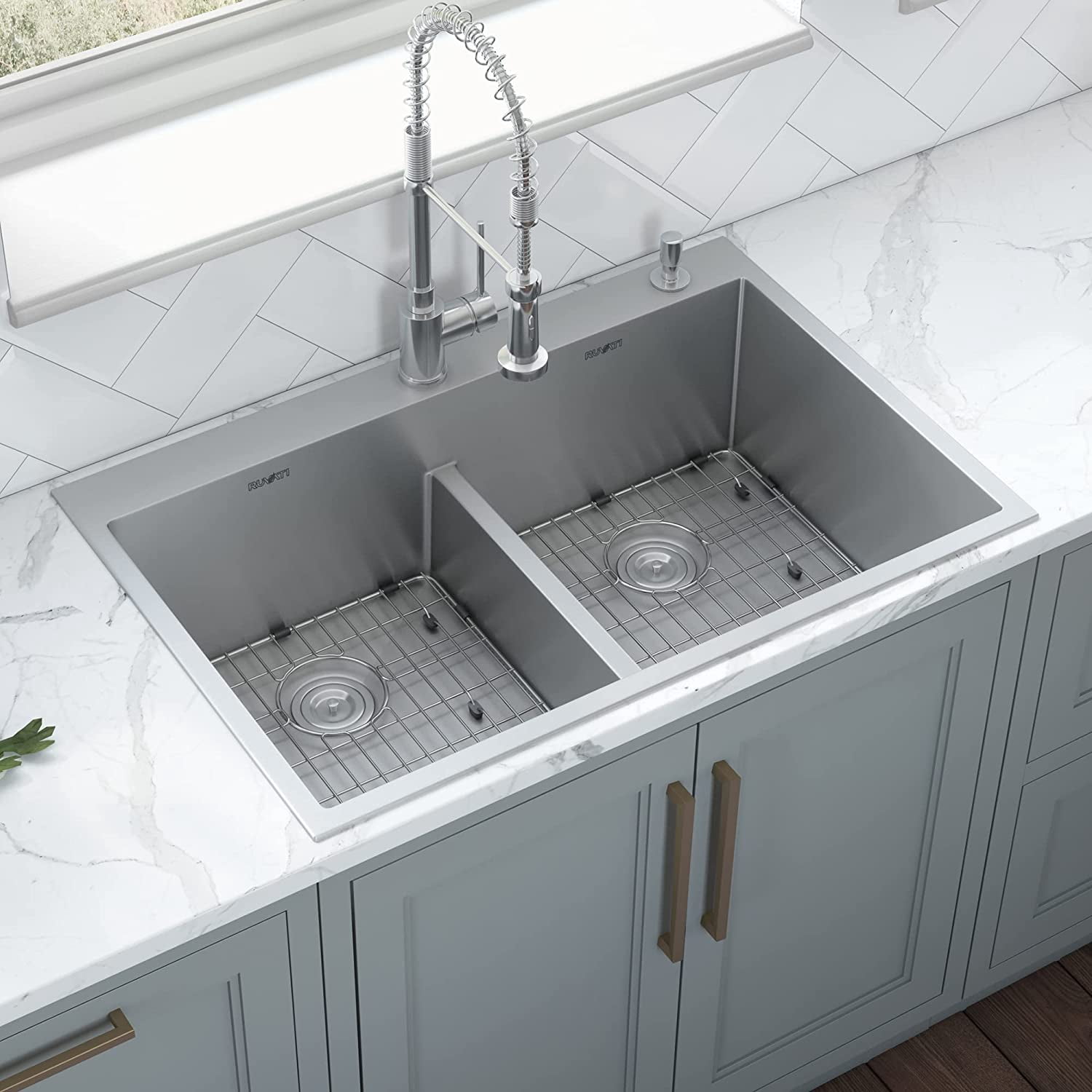 Transolid STDE33226-3 Select 3-Hole Drop-in 50/50 Double Bowl 22-Gauge Stainless Steel Kitchen Sink, 33-in X 22-in X 6-in, Brushed Finish - View #5