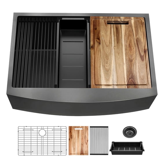 33 inch Farmhouse Workstation Kitchen Sink, Handmade Modern Apron-front Single Bowl Farm Kitchen Sink with Integrated Ledge and Accessories