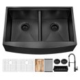 thumbnail image 1 of 33 inch Farmhouse Workstation Kitchen Sink with Kitchen Faucet Handmade Modern Apron-front Double Bowl Farm Kitchen Sink with Integrated Ledge and Accessories, 1 of 6
