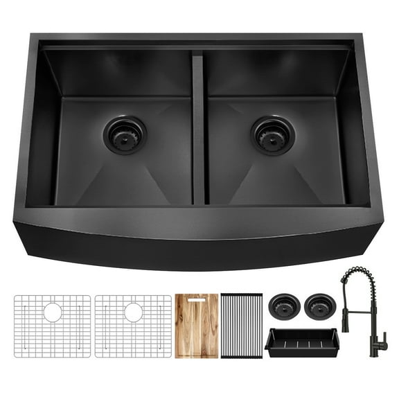 33 inch Farmhouse Workstation Kitchen Sink with Kitchen Faucet Handmade Modern Apron-front Double Bowl Farm Kitchen Sink with Integrated Ledge and Accessories