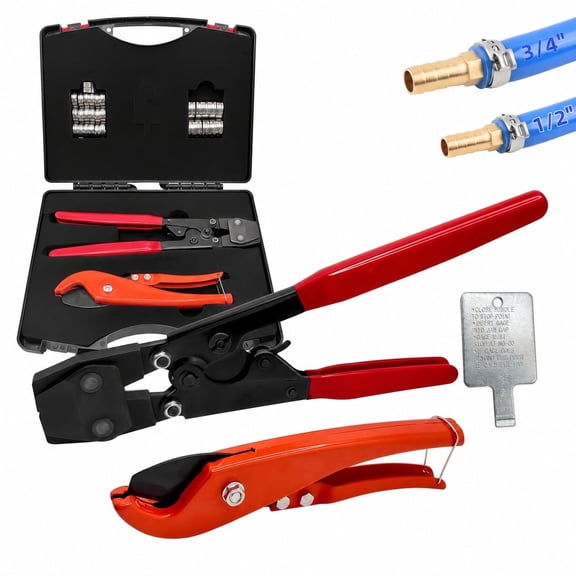 FEHNAG 33-Piece PEX Crimping Tool Kit with PEX Crimping Clamp, Ratchet Jaw Crimper, Pipe Hose Cutter, 1/2 in and 3/4 in Stainless Steel Clamps
